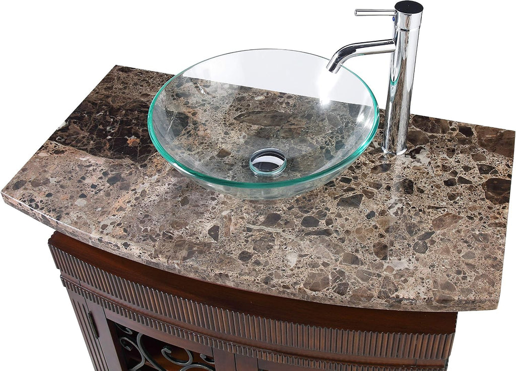36 Inch Artturi Bathroom Vanity, Traditional Classic Style, Vessel Sink Design, Natural Stone Top with Clear Glass Bowl, Single Sink, 2 Cabinet Doors