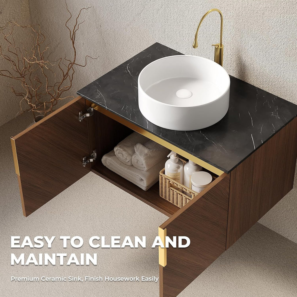 LKTART Floating Vanity Bathroom 30 inch, Modern Wall Mounted Bathroom Storage Cabinet with 2 Doors, Black Sintered Stone Countertop and White Round Ceramic Basin, Brown