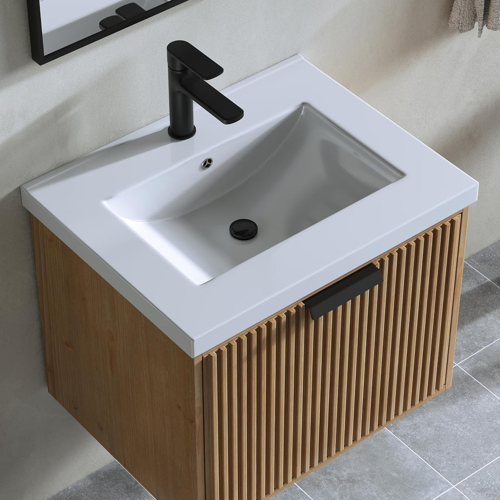 24' Single Bathroom Vanity with Ceramic Sink, Undermount Sink Cabinet, 2 Soft Clossing Drawers, Floating Storage Cabinet with White Sink, Natural Brown