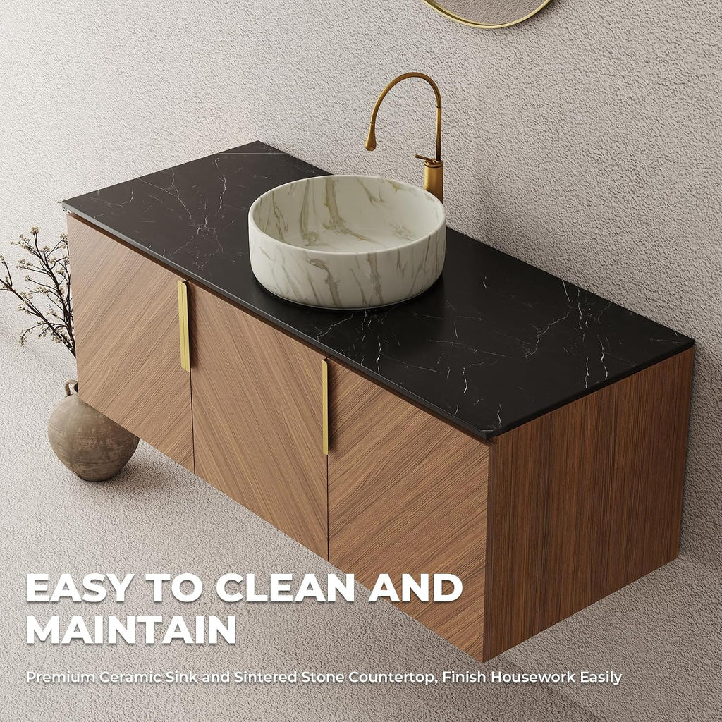 LKTART 48 Inch Bathroom Vanity with Sink, Modern Wall Mounted Bathroom Sink with 3 Doors, Black Sintered Stone Countertop and Stone Round Ceramic Basin