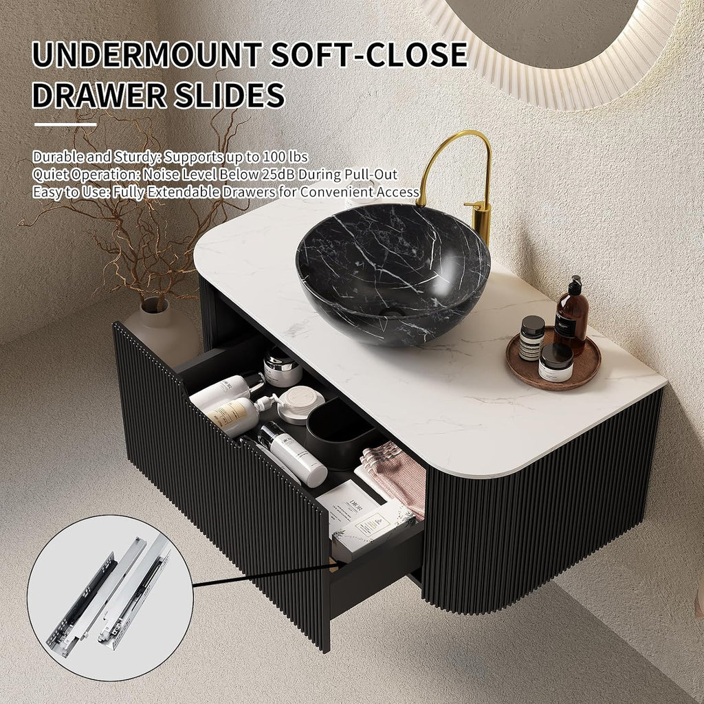 Yayzy 36' Floating Bathroom Vanity with Sink, Solid Wood Fluted Cabinet, White Marble-Patterned Ceramic Basin & Faux Marble Top, Soft-Close Drawer, Pre-Assembled, Gloss Black