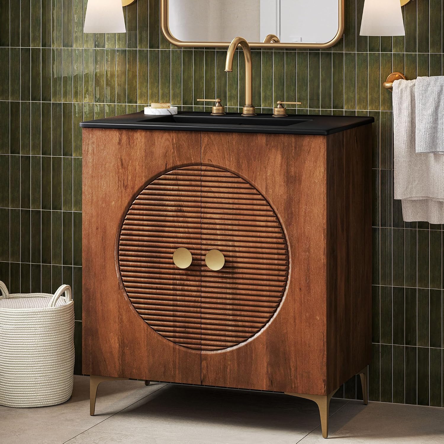 Modway Vernon 30' Fluted Wood Bathroom Vanity in Walnut Black with Ceramic Sink – Mid-Century Modern Freestanding Vanity with Integrated Sink and Countertop