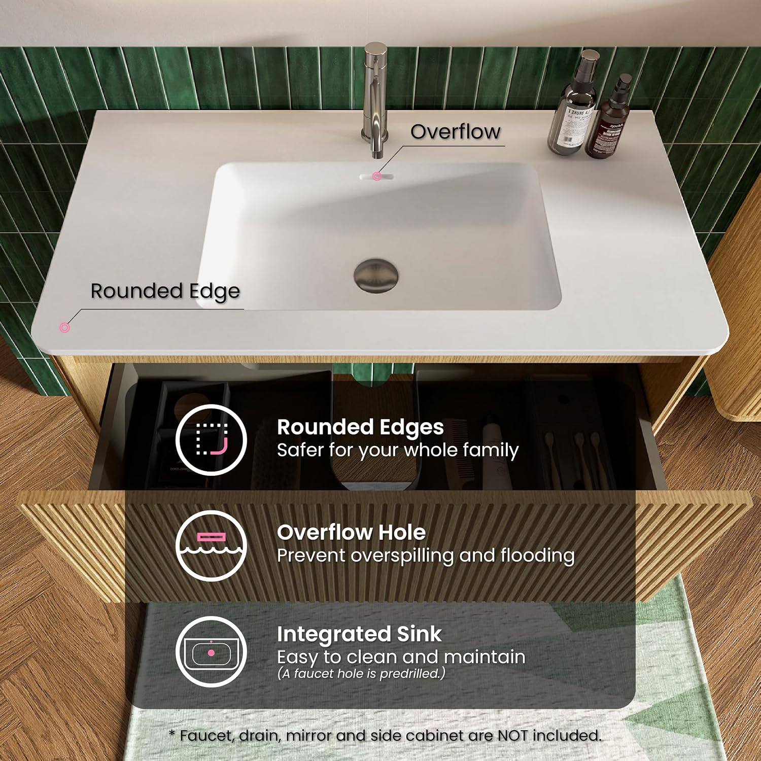 36' Bathroom Vanity with Sink, Modern Floating Vanity with Push Open Soft Close Drawer, Large Storage for Bathroom, Apartment, Hotel, Natural Oak, Fully Assembled - Camellia Collection