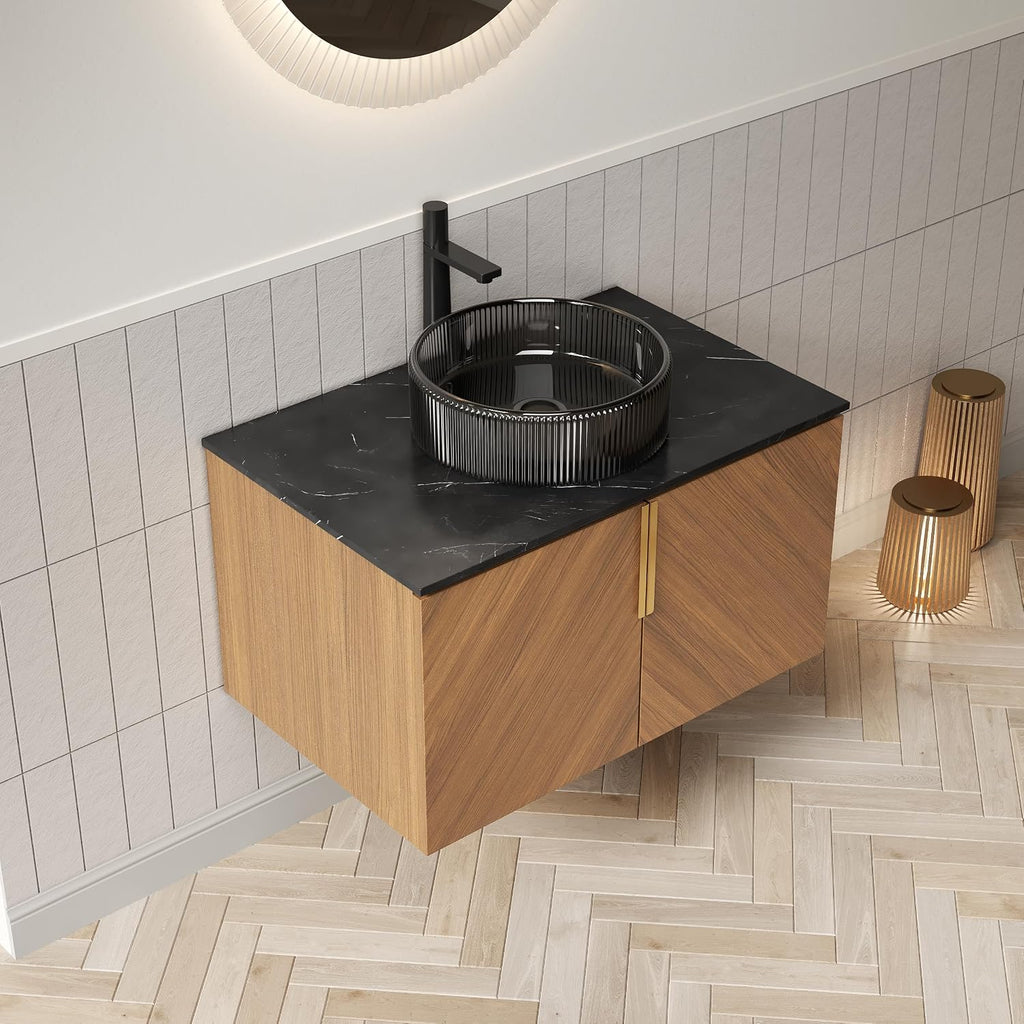 LKTART 30 Inch Bathroom Vanity with Sink, Modern Wall Mounted Bathroom Sink with 2 Doors, Black Sintered Stone Countertop and Black Round Glass Basin, Brown