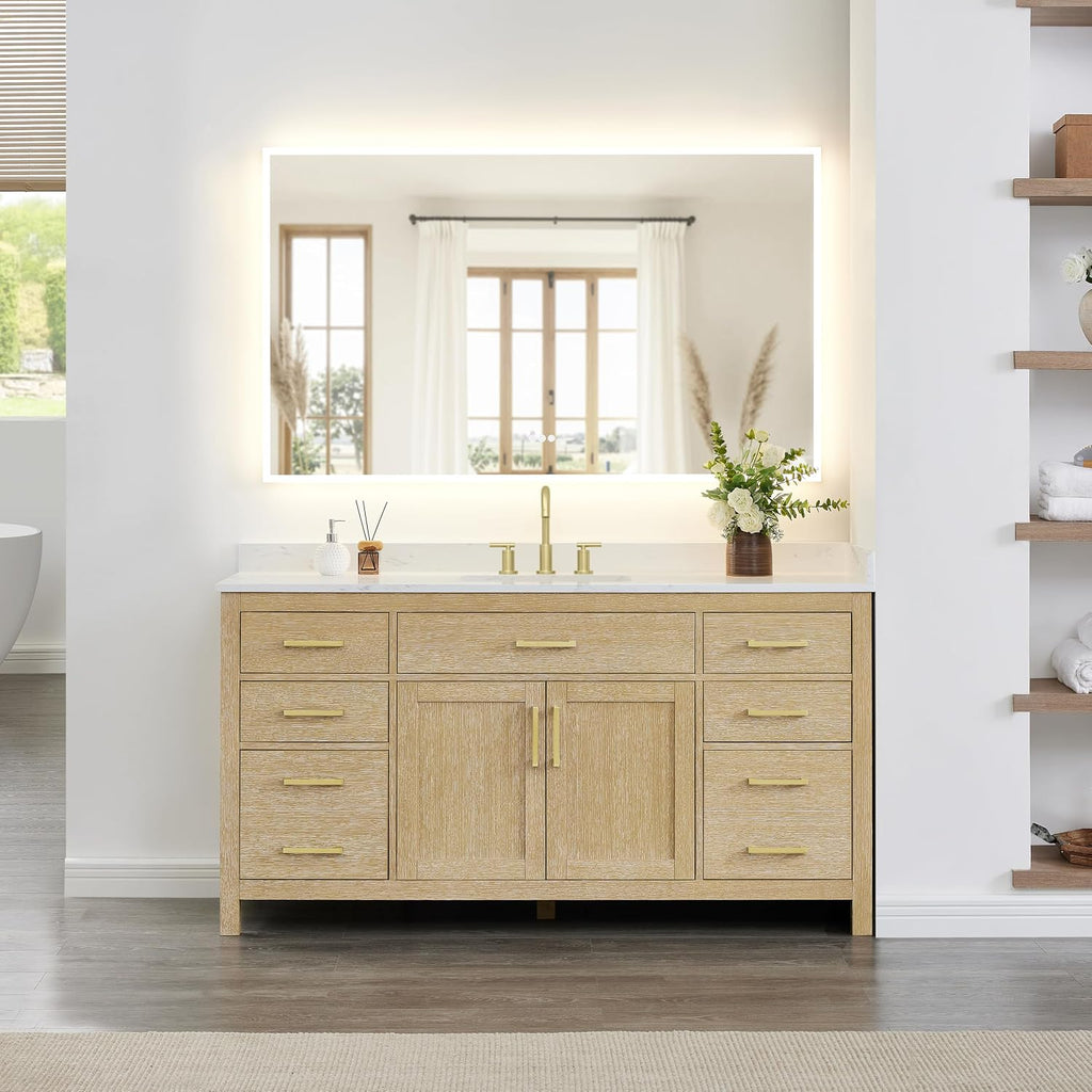 Wyndham Collection Beckett 66 Inch Single Bathroom Vanity in Whitewashed Oak, Carrara Cultured Marble Countertop, Undermount Square Sink (3-Hole), Brushed Gold Trim