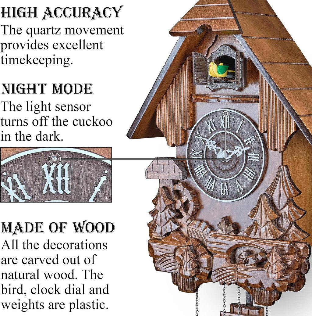 TIMEGEAR Cuckoo Clock with Automatic Night Mode, Swinging Pendulum and Quartz Movement (Brown)