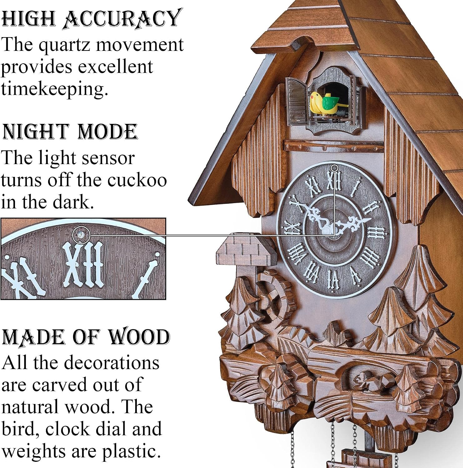 TIMEGEAR Cuckoo Clock with Automatic Night Mode, Swinging Pendulum and Quartz Movement (Brown)