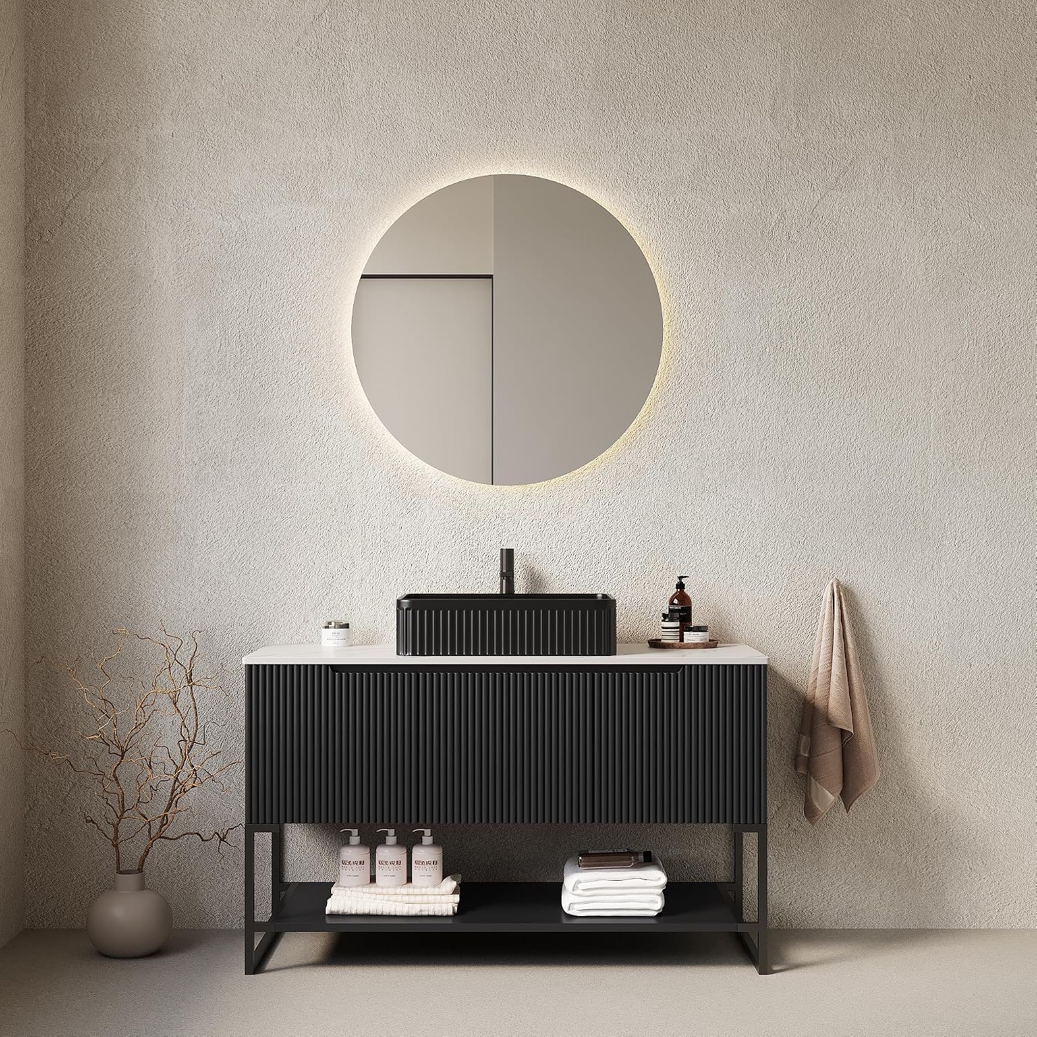 48' Black Bathroom Vanity with Rectangular Ceramic Basin & Marble Top, Freestanding Bathroom Storage Cabinet with 3 Doors and Open Shelf, Modern Single Sink Bathroom Vanities with Soft Close System