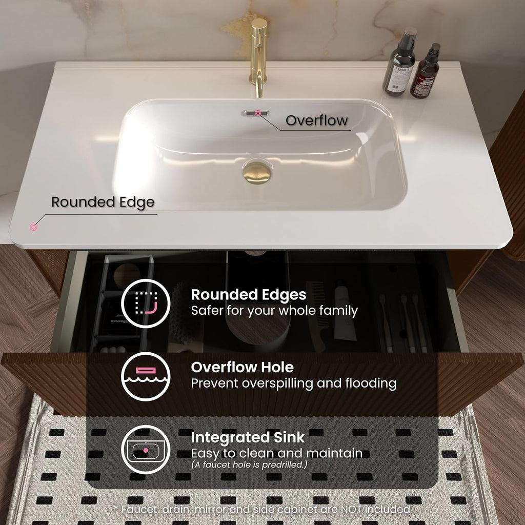 36 Inch Bathroom Vanity with Sink, Modern Floating Vanity with Push Open Soft Close Drawer, Large Storage for Powder Room, Brushed Black Oak, Fully Assembled - Camellia Collection