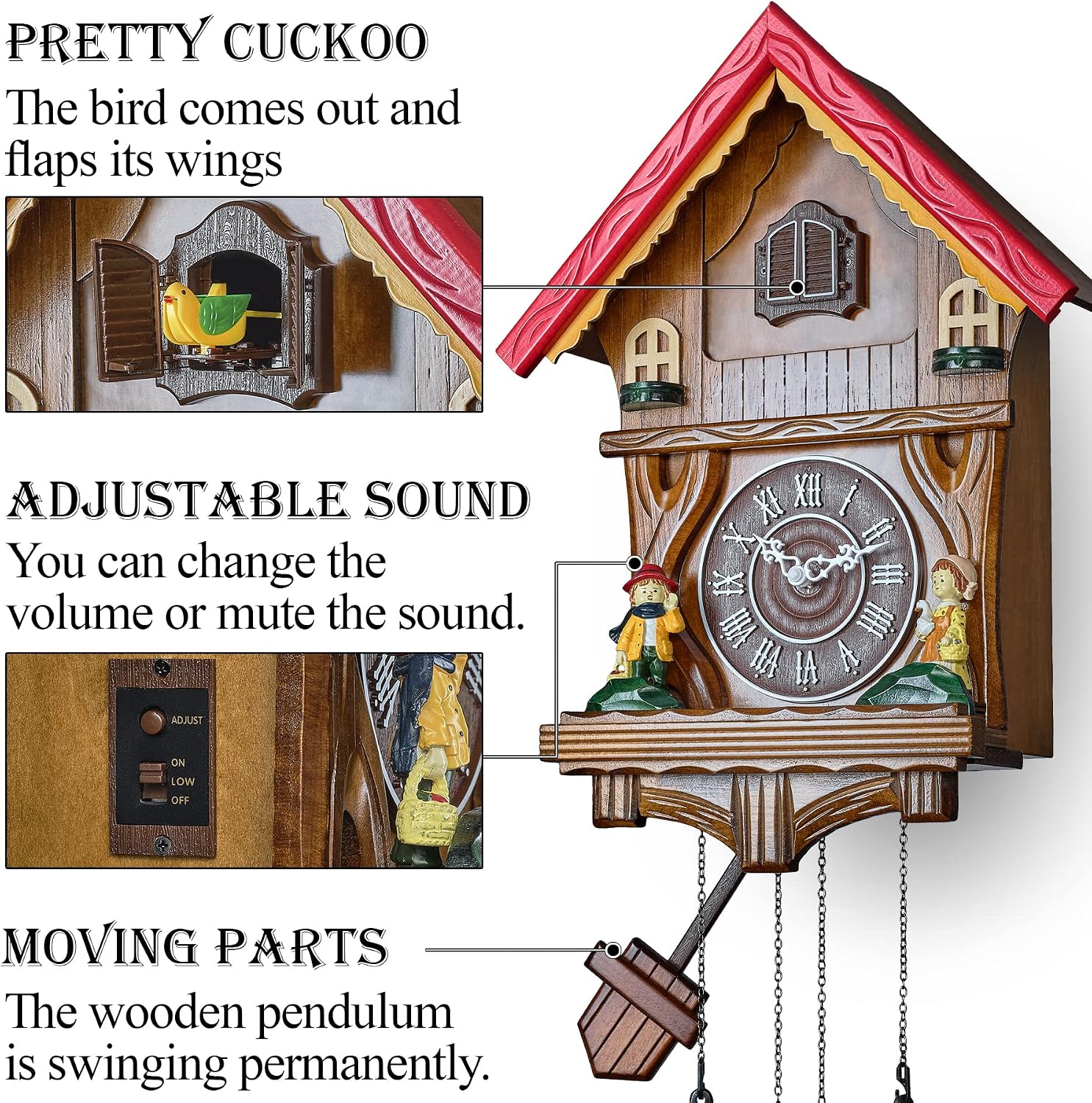 TIMEGEAR Cuckoo Clock with Night Mode and Quartz Movement in Traditional German Style