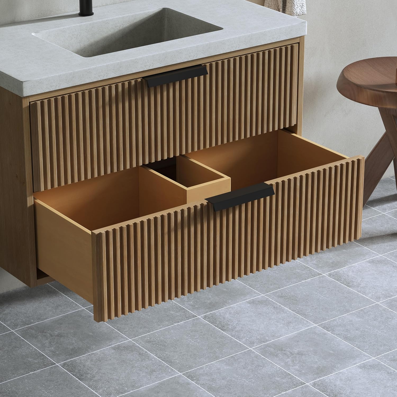 36' Single Bathroom Vanity with Cement Sink, Undermount Sink Cabinet, 2 Soft Clossing Drawers, Floating Storage Cabinet with White Sink, Natural Brown