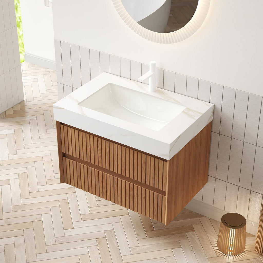 30' Bathroom Vanity with Sink, Modern Bathroom Floating Vanity with Travertine-Pattern Sintered Stone Top & Ceramic Undermount Basin, Pre-Assembled W/2 Drawers, Espresso/W