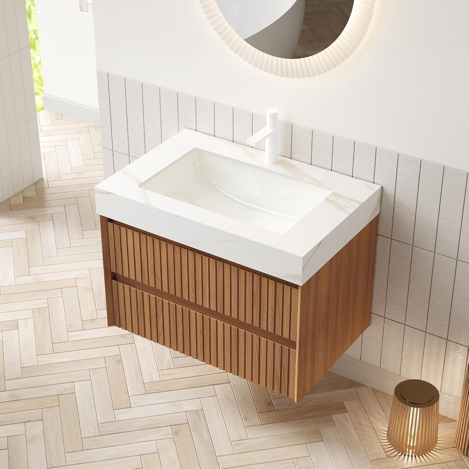 30' Bathroom Vanity with Sink, Modern Bathroom Floating Vanity with Travertine-Pattern Sintered Stone Top & Ceramic Undermount Basin, Pre-Assembled W/2 Drawers, Espresso/W