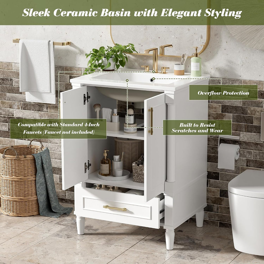 VilroCaz 24' Modern Bathroom Vanity with Ceramic Sink, Ornate Motif Design Doors & Soft-Close Hinges, Wood Bathroom Cabinet with Drawer, Ornately Carved French Cylinder Legs (White-4.23)