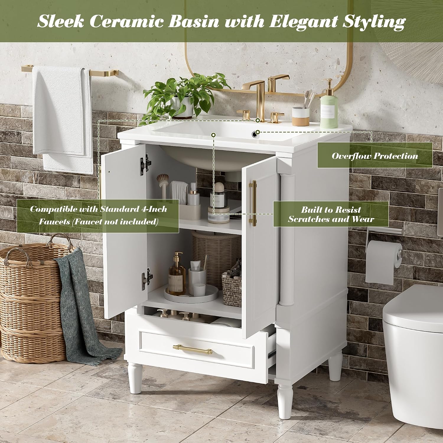 VilroCaz 24' Modern Bathroom Vanity with Ceramic Sink, Ornate Motif Design Doors & Soft-Close Hinges, Wood Bathroom Cabinet with Drawer, Ornately Carved French Cylinder Legs (White-4.23)