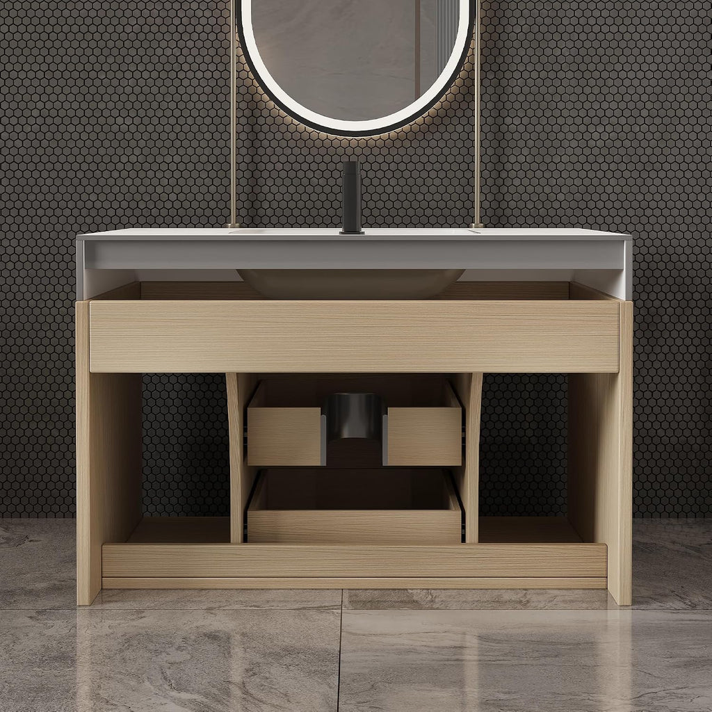 30' Bathroom Vanity with Sink Set, Modern Oak Wall Mounted Bathroom Vanity Cabinet with Sintered Stone Top&Gold Handle 2 Drawers&2 Open Storage, Single Sink Floating Bathroom Vanity