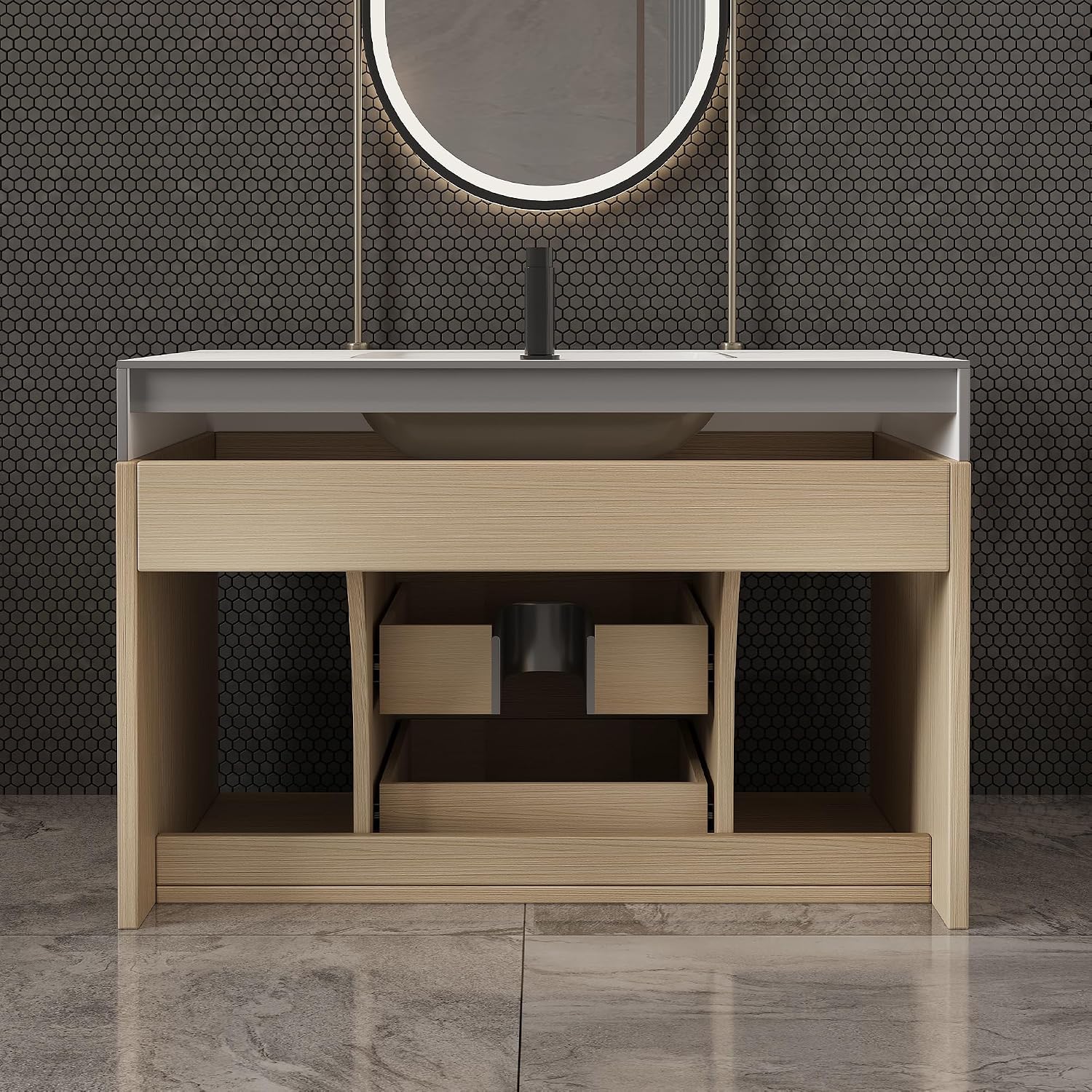 30' Bathroom Vanity with Sink Set, Modern Oak Wall Mounted Bathroom Vanity Cabinet with Sintered Stone Top&Gold Handle 2 Drawers&2 Open Storage, Single Sink Floating Bathroom Vanity