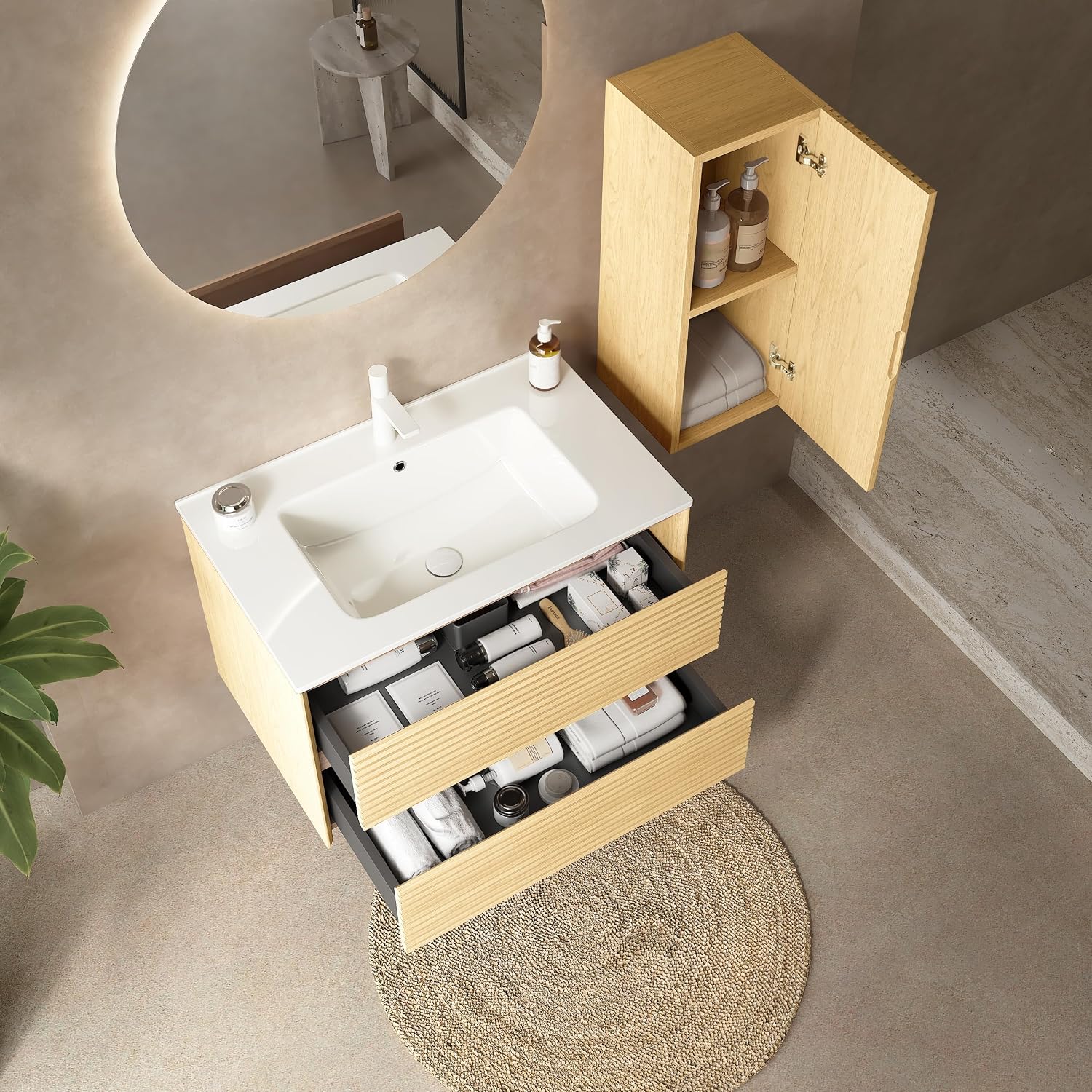 12' Wall-Mounted Floating Striped Bathroom Vanity Side Cabinet with a Door and a Shelf, (Suitable for Sedona Bathroom Vanity), Light Oak