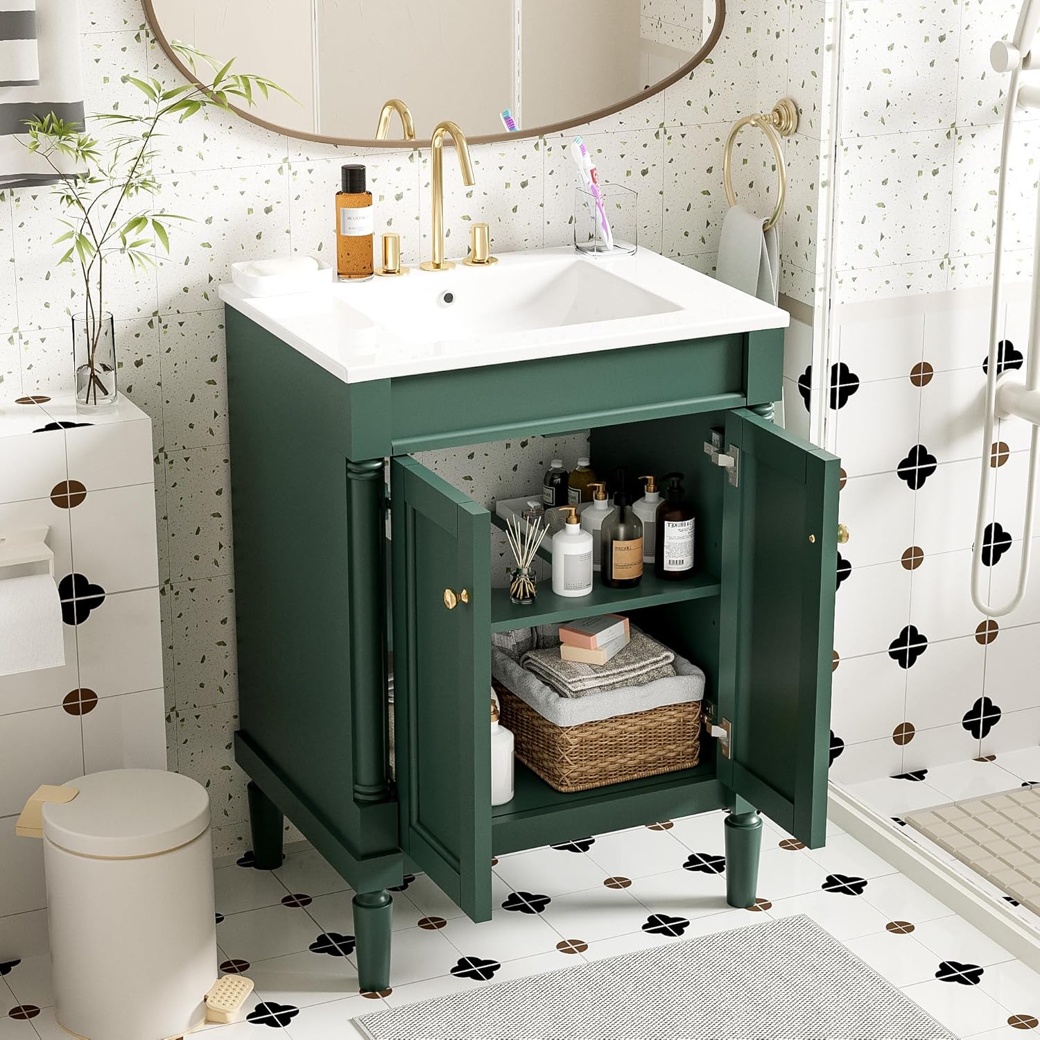 24' Vintage Bathroom Vanity with Sink Mid-Century Bathroom Vanity with 2 Soft-Close Doors & 2-Tier Adjustable Shelf Freestanding Bathroom Storage Cabinet with Roman Column Base & Metal Handles,Green