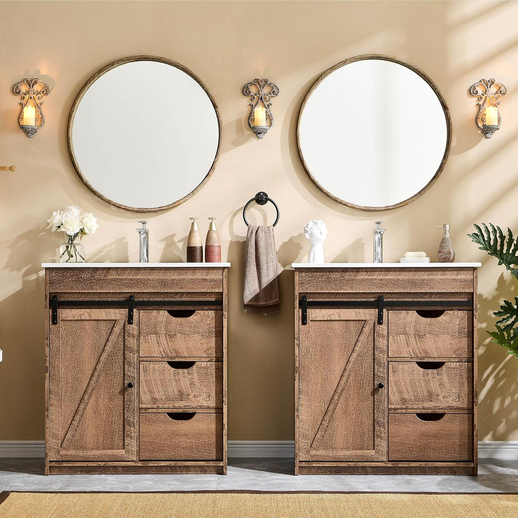 Aitjunz 30' Farmhouse Bathroom Vanity with Ceramic Sink Combo, Freestanding Modern Bathroom Storage Vanity Cabinet w/Sliding Barn Door, 3 Drawers & Adjustable Shelves, Light Brown