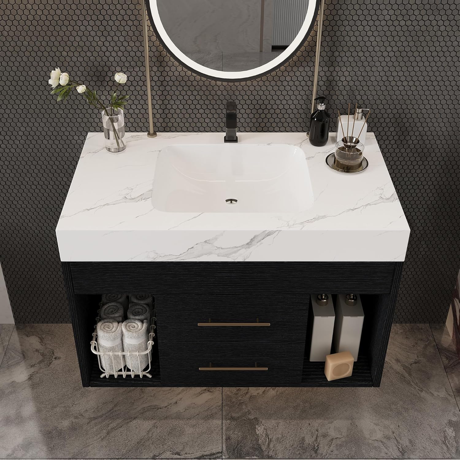 30' Bathroom Vanity with Sink Set, Modern Black Wall Mounted Bathroom Vanity Cabinet with Sintered Stone Top&Gold Handle 2 Drawers&2 Open Storage, Single Sink Floating Bathroom Vanity
