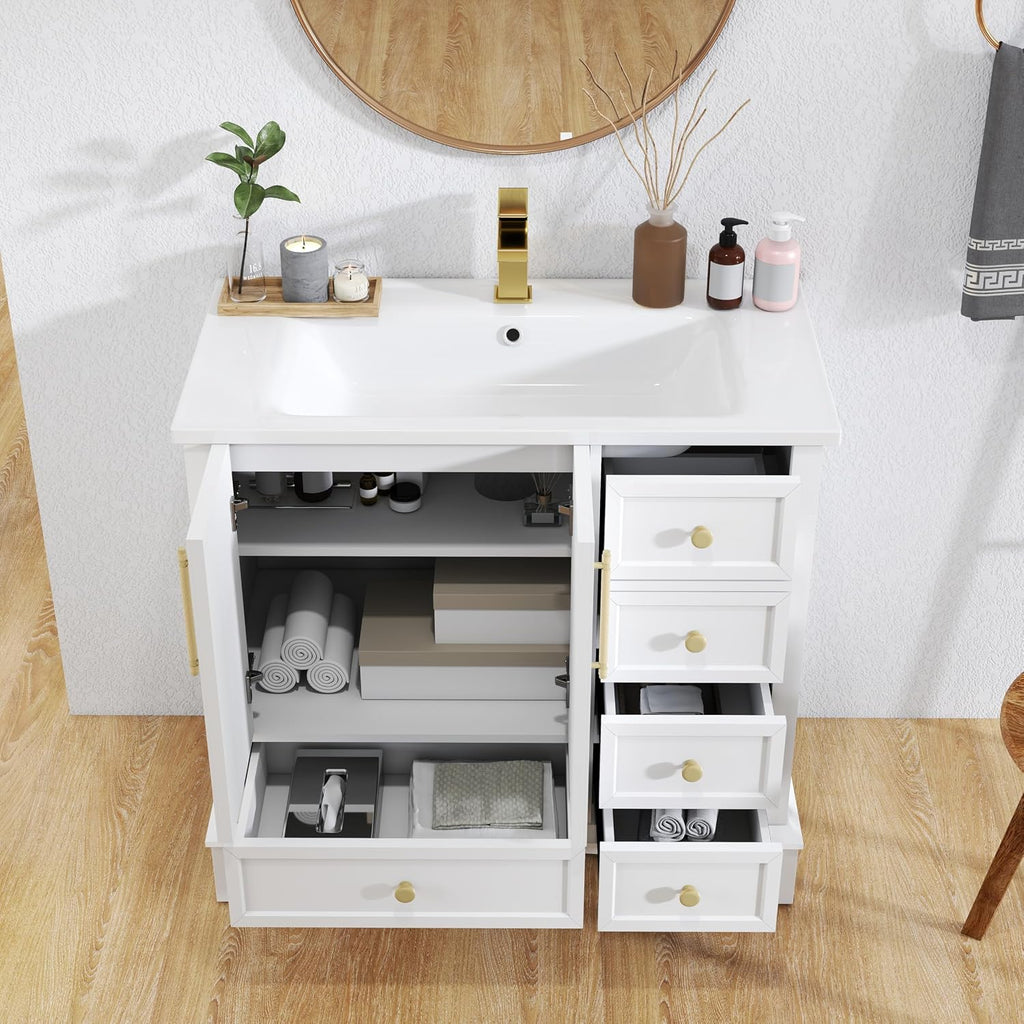 36 inch Bathroom Vanity with Sink Combo, Mid Century Modern Freestanding Bathroom Cabinet with Integrated Ceramic Sink, 4 Storage Drawers, 2 Soft Closed Doors, Adjustable Shelves, Golden Handle, White