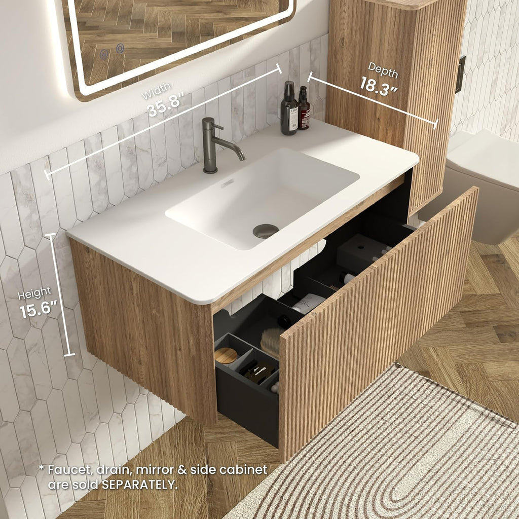 36' Bathroom Vanity with Sink, Modern Floating Vanity with Large Storage Push Open Drawer, for Apartment, Hotel, White, Fully Assembled - Camellia Collection