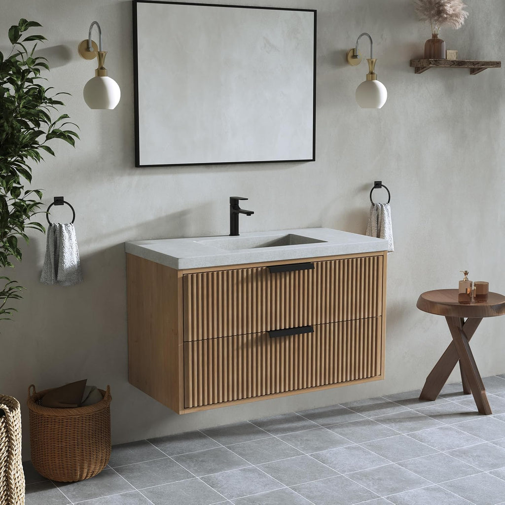 36' Single Bathroom Vanity with Cement Sink, Undermount Sink Cabinet, 2 Soft Clossing Drawers, Floating Storage Cabinet with White Sink, Natural Brown