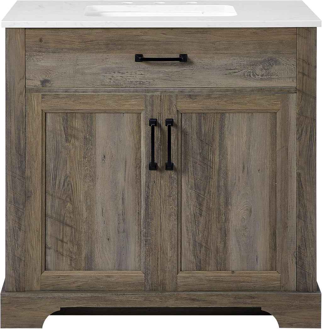 Mia Brown Grey Oak Wood 36-Inch Single Bathroom Vanity with Sink, Double Shaker Door Cabinet, Adjustable Shelf, Matte Black Handles, Pre-Drilled Marbled White Stone Top, Freestanding, Fully Assembled