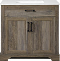 Mia Brown Grey Oak Wood 36-Inch Single Bathroom Vanity with Sink, Double Shaker Door Cabinet, Adjustable Shelf, Matte Black Handles, Pre-Drilled Marbled White Stone Top, Freestanding, Fully Assembled
