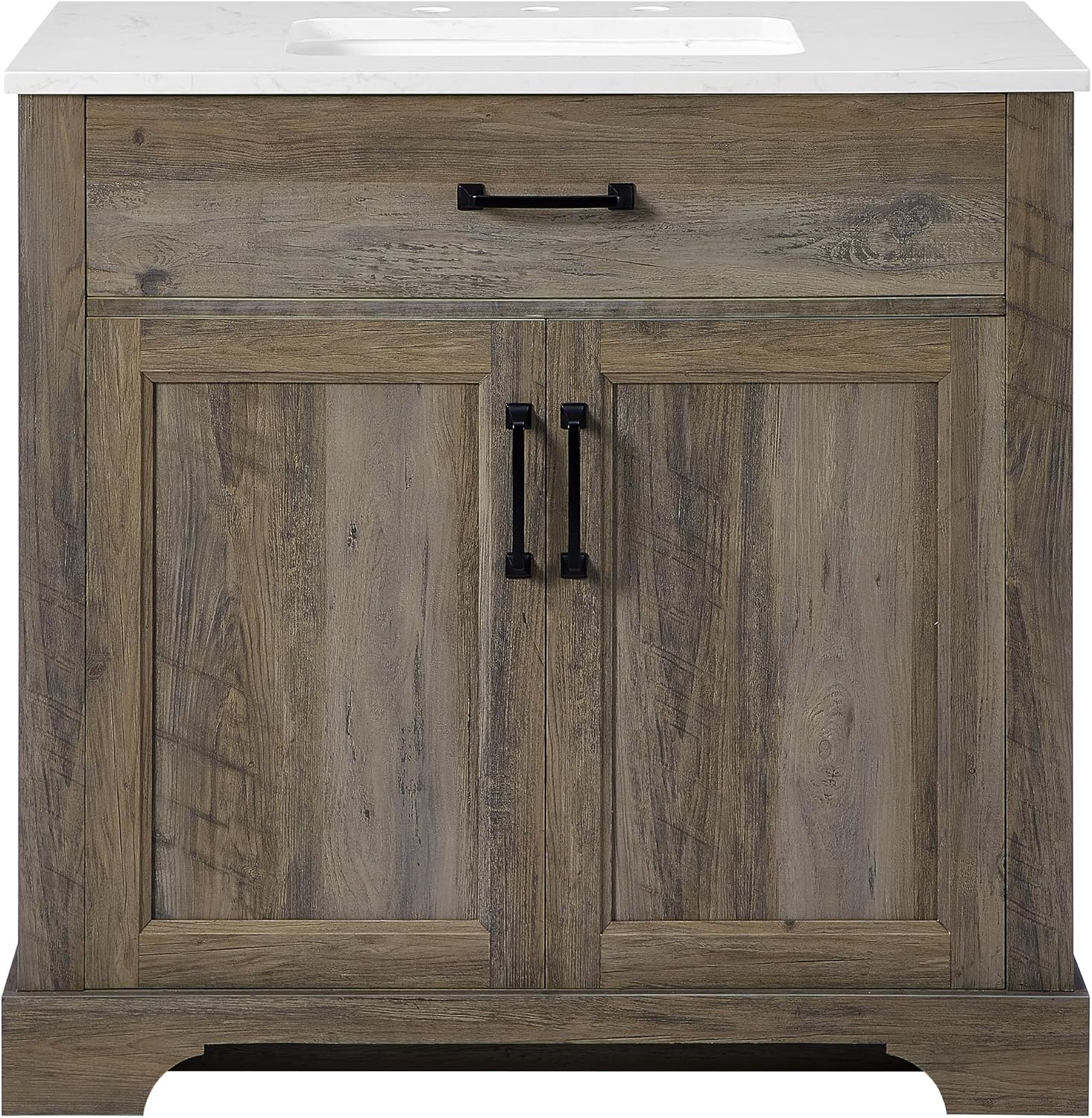 Mia Brown Grey Oak Wood 36-Inch Single Bathroom Vanity with Sink, Double Shaker Door Cabinet, Adjustable Shelf, Matte Black Handles, Pre-Drilled Marbled White Stone Top, Freestanding, Fully Assembled