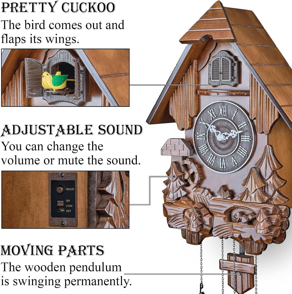 TIMEGEAR Cuckoo Clock with Automatic Night Mode, Swinging Pendulum and Quartz Movement (Brown)