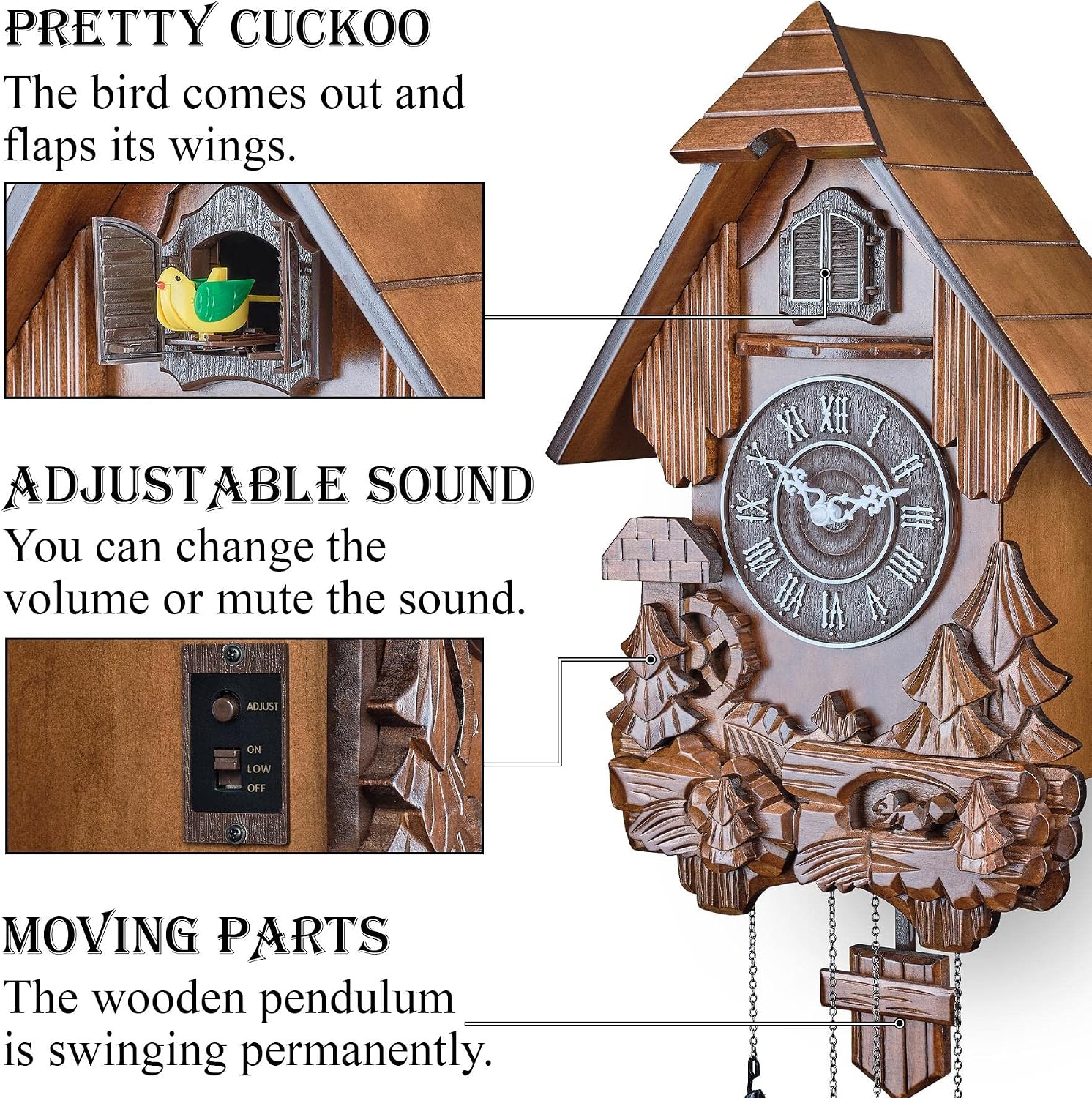TIMEGEAR Cuckoo Clock with Automatic Night Mode, Swinging Pendulum and Quartz Movement (Brown)