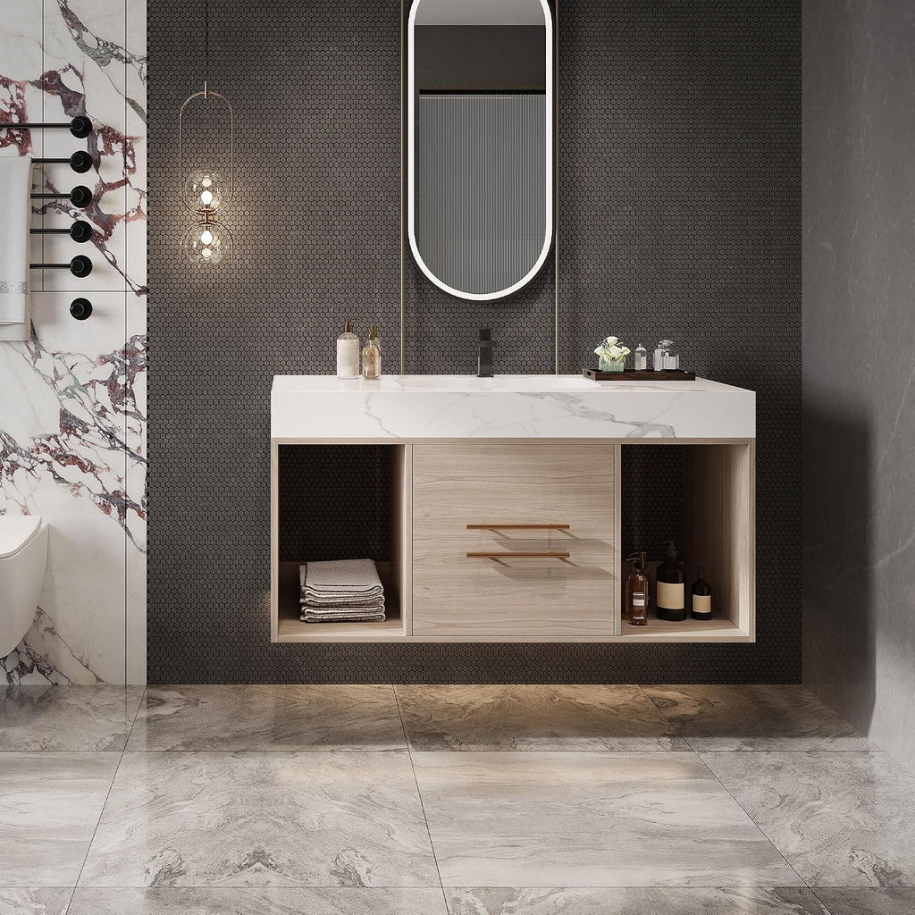 40 inch Bathroom Vanity with Ceramic Sink and Sinter Stone Marble Counter Top Modern Wall Mounted Floating Bathroom Sink Cabinet with 2 Drawers&2 Open Shelves&Gold Metal Handle,Oak