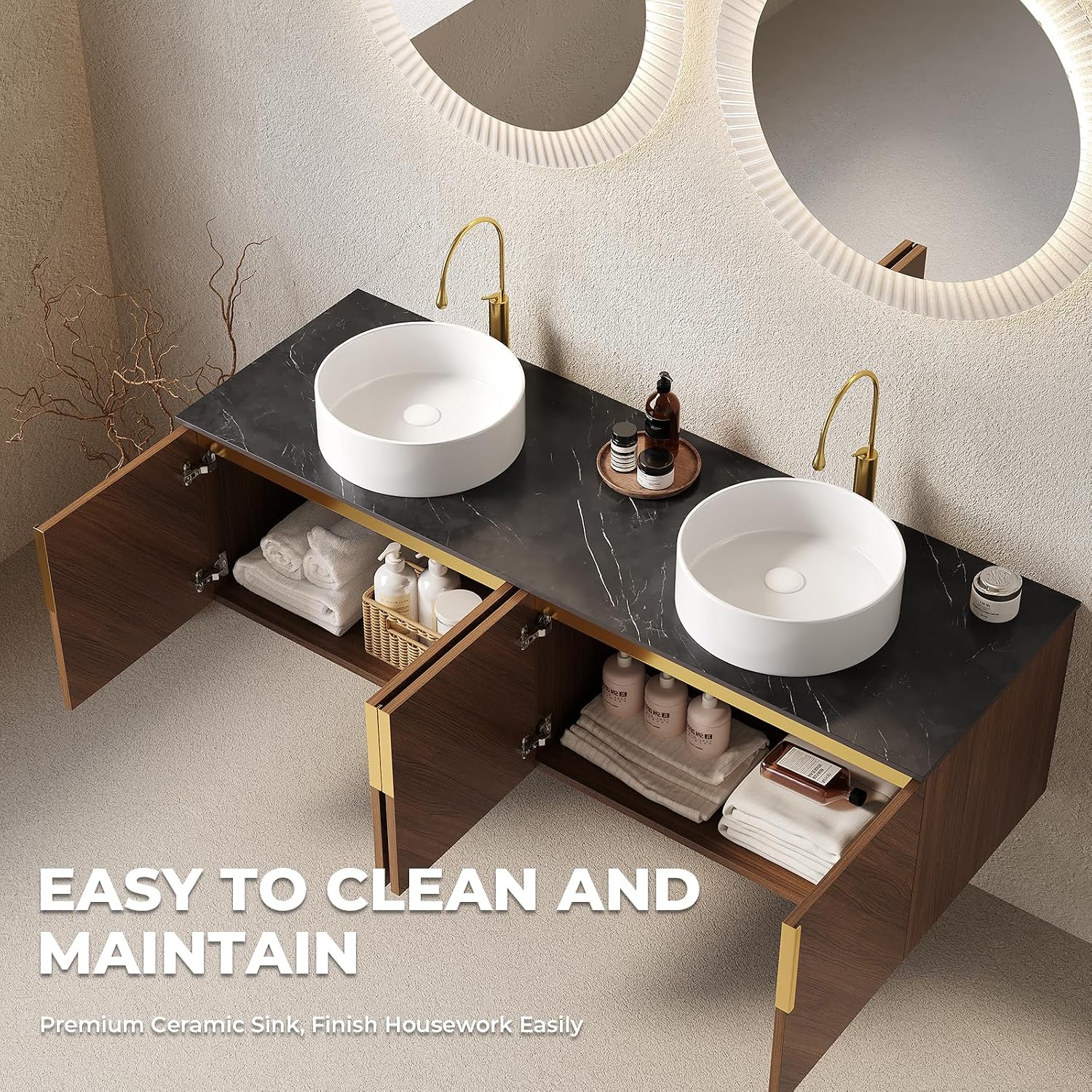 LKTART 60 Inch Bathroom Vanity Double Sink, Double Sink Bathroom Vanity with White Round Ceramic Basins, 4 Doors Modern Wall Mounted Bathroom Storage Cabinet, Black Sintered Stone Countertop, Brown
