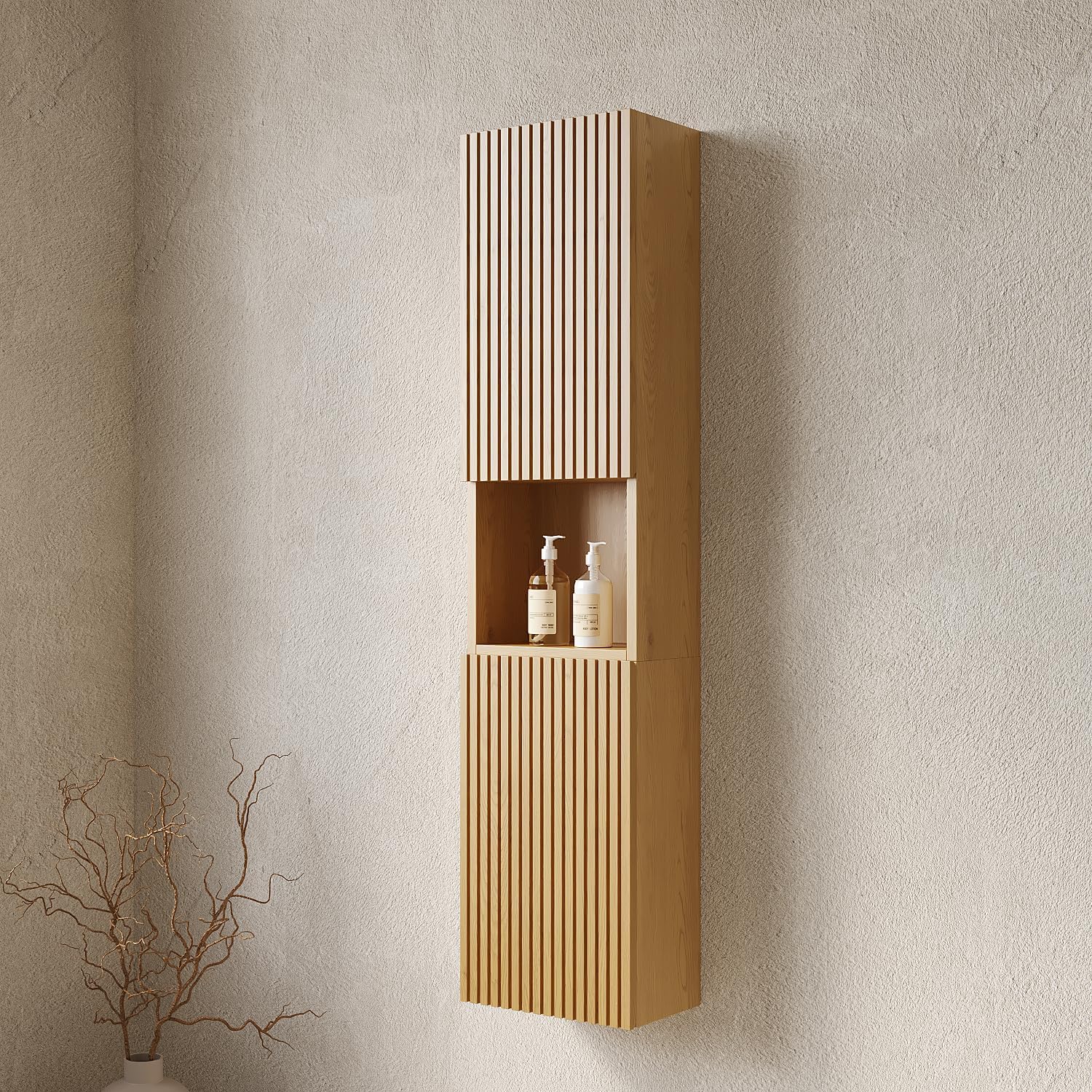 LKTART 59' Wall-Mounted Cabinet, Fluted Narrow Storage Cabinet with Door and Shelf, Side Cabinet for Small Spaces Bathroom Laundry