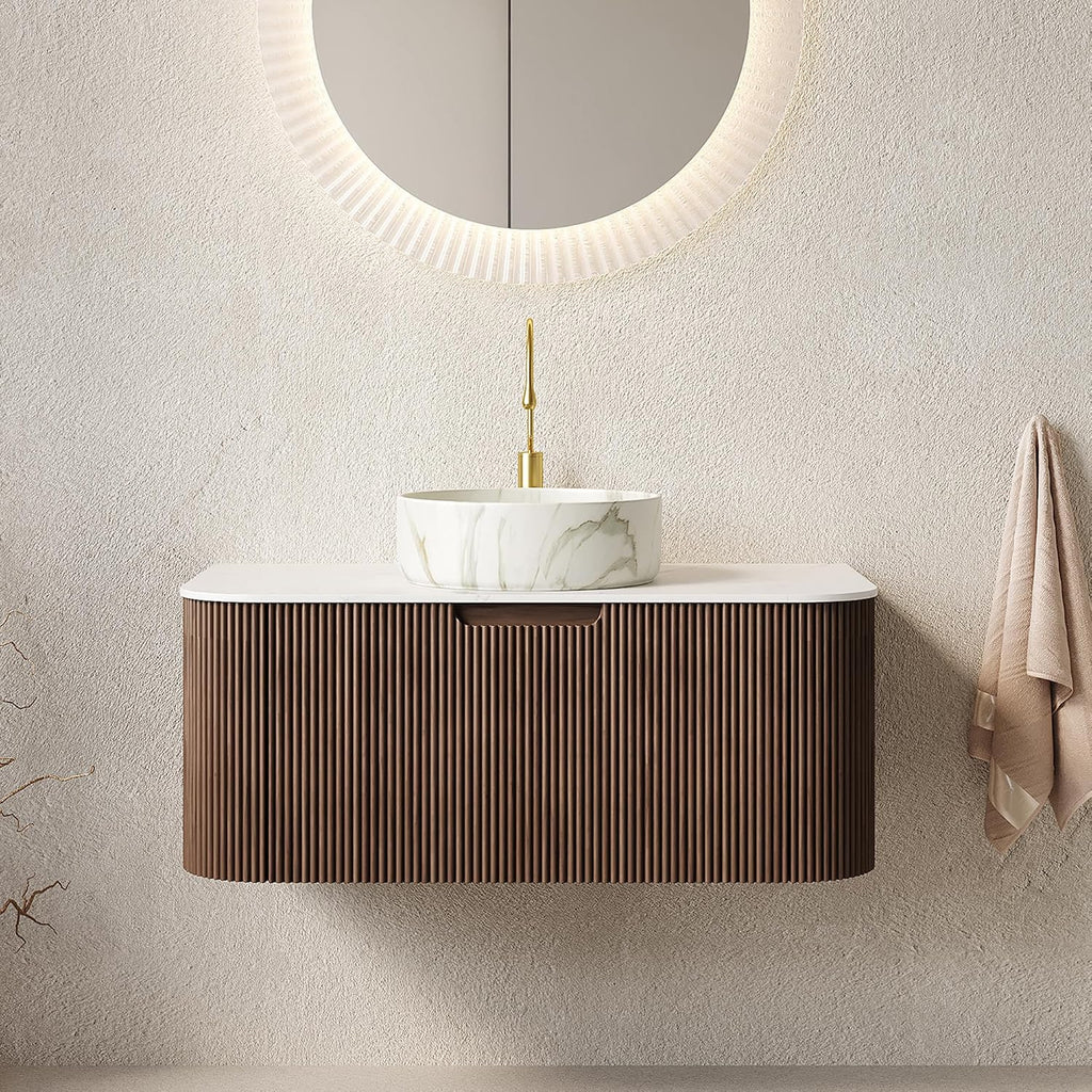 Eleshine 36 Inch Wall Mounted Floating Bathroom Vanity, Dark Walnut Cabinet with Carrara White Top & Stone Pattern Round Ceramic Sink, Soft Close Drawers, Pre-Assembled