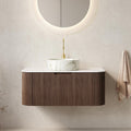 Eleshine 36 Inch Wall Mounted Floating Bathroom Vanity, Dark Walnut Cabinet with Carrara White Top & Stone Pattern Round Ceramic Sink, Soft Close Drawers, Pre-Assembled