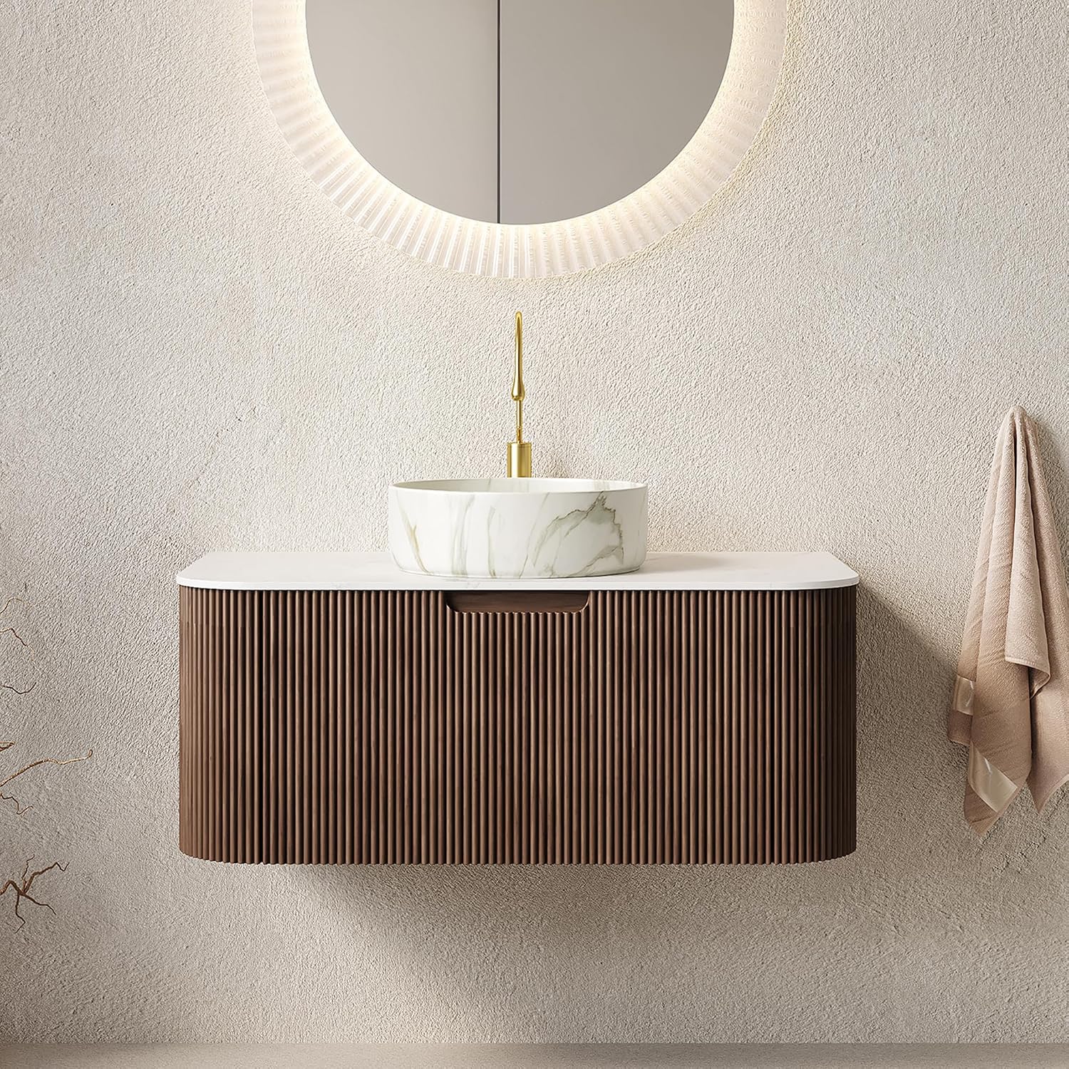 Eleshine 36 Inch Wall Mounted Floating Bathroom Vanity, Dark Walnut Cabinet with Carrara White Top & Stone Pattern Round Ceramic Sink, Soft Close Drawers, Pre-Assembled