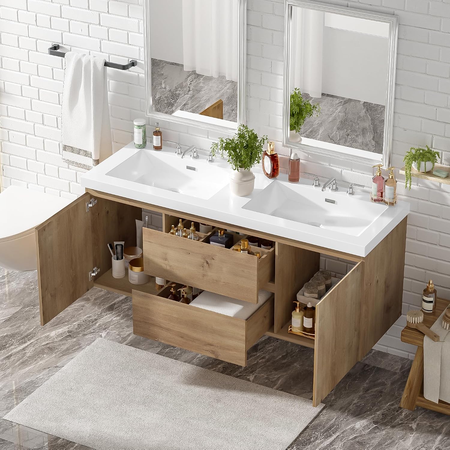 60'' Floating Bathroom Vanity with Sink, Wall-Mounted Cabinet with Drawer & Doors, SMC Resin Top Undermount Basin, Soft-Close, No Handle for Large Bathrooms
