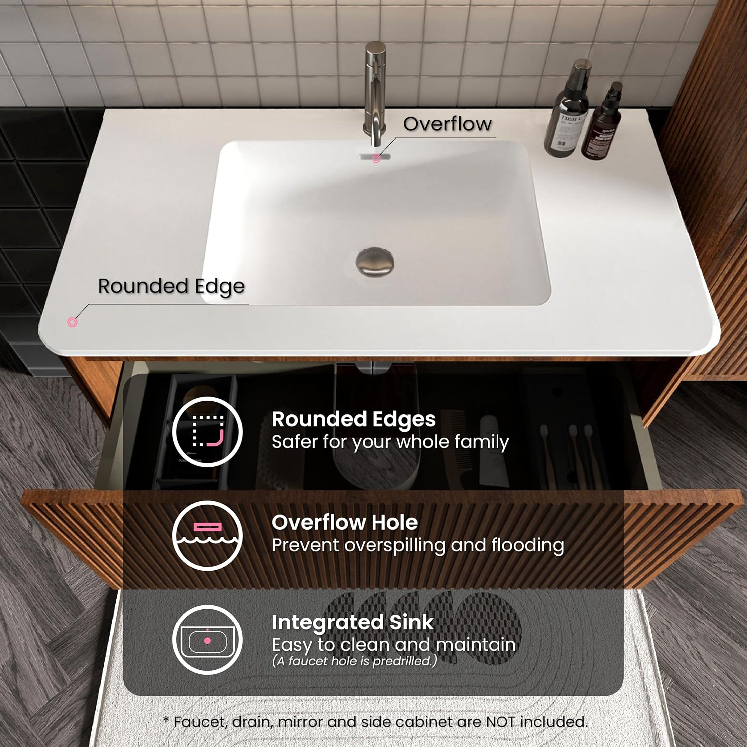 36' Bathroom Vanity with Sink, Modern Floating Vanity with Push Open Soft Close Drawer, Large Storage for Bathroom, Hotel, Walnut, Fully Assembled - Camellia Collection