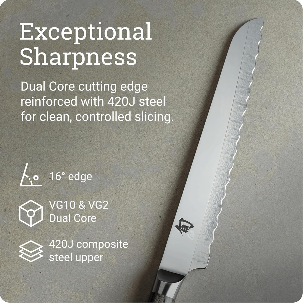 Shun Cutlery Kagerou Bread Knife 9 Inch, Long Sharp Serrations Glide Through Bread, Ideal for Cakes and Pastries, Authentic, Handcrafted, Japanese Serrated Kitchen Knife