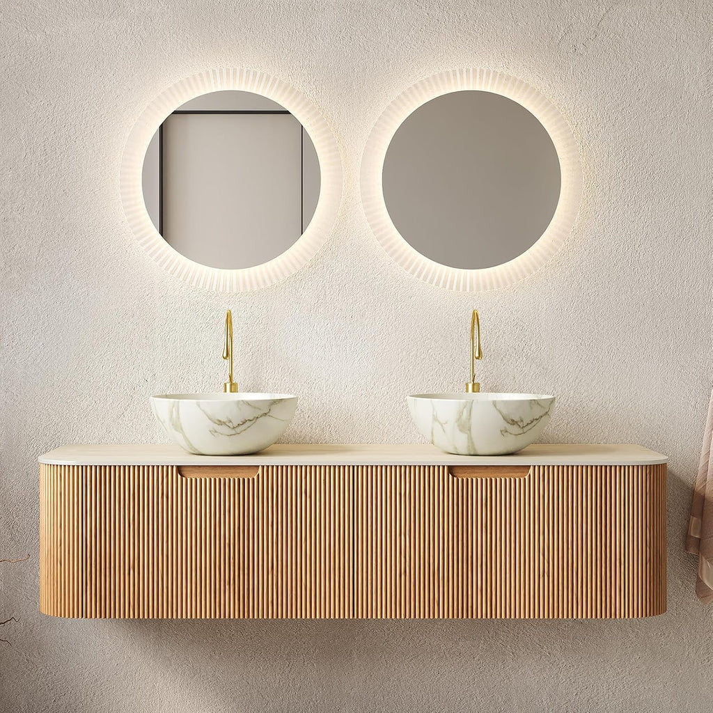 Eleshine 60' Wall Mounted Floating Bathroom Vanity with Double Sinks, 2 Drawers, Curved Edges, Matte White Ceramic Bowl Basins, Carrara White Sintered Stone Top, Pre-Assembled, Natural Woodgrain