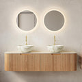 Eleshine 60' Wall Mounted Floating Bathroom Vanity with Double Sinks, 2 Drawers, Curved Edges, Matte White Ceramic Bowl Basins, Carrara White Sintered Stone Top, Pre-Assembled, Natural Woodgrain