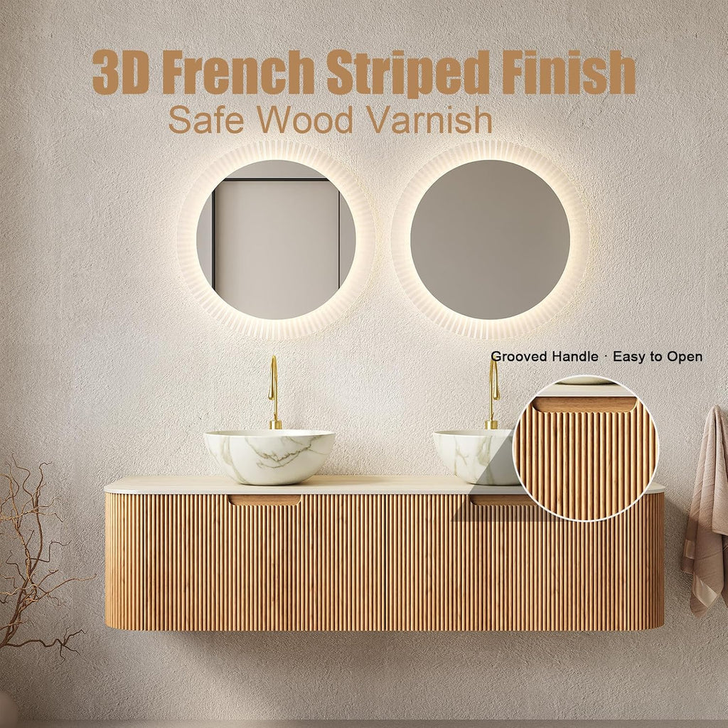 Eleshine 60' Wall Mounted Floating Bathroom Vanity with Double Sinks, 2 Drawers, Curved Edges, Matte White Ceramic Bowl Basins, Carrara White Sintered Stone Top, Pre-Assembled, Natural Woodgrain