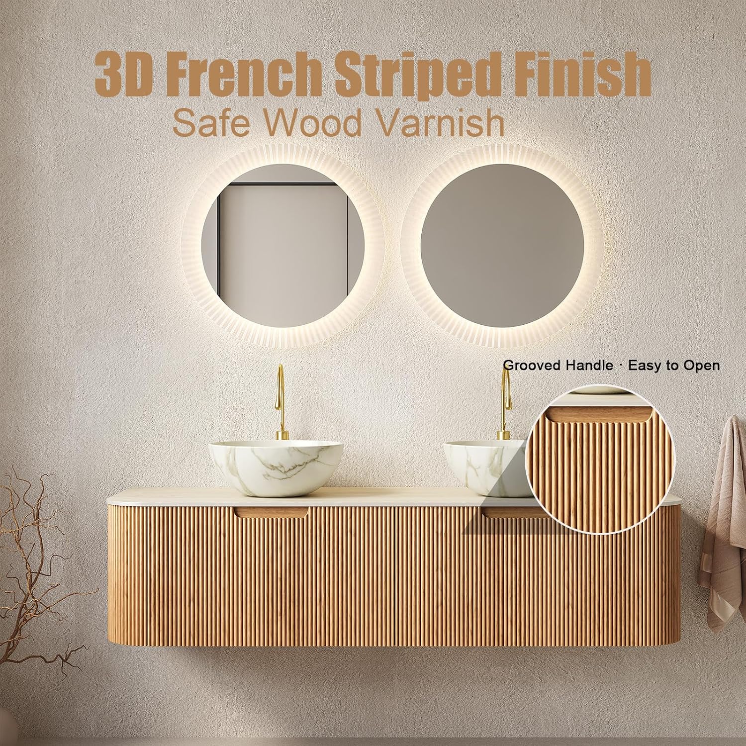 Eleshine 60' Wall Mounted Floating Bathroom Vanity with Double Sinks, 2 Drawers, Curved Edges, Matte White Ceramic Bowl Basins, Carrara White Sintered Stone Top, Pre-Assembled, Natural Woodgrain