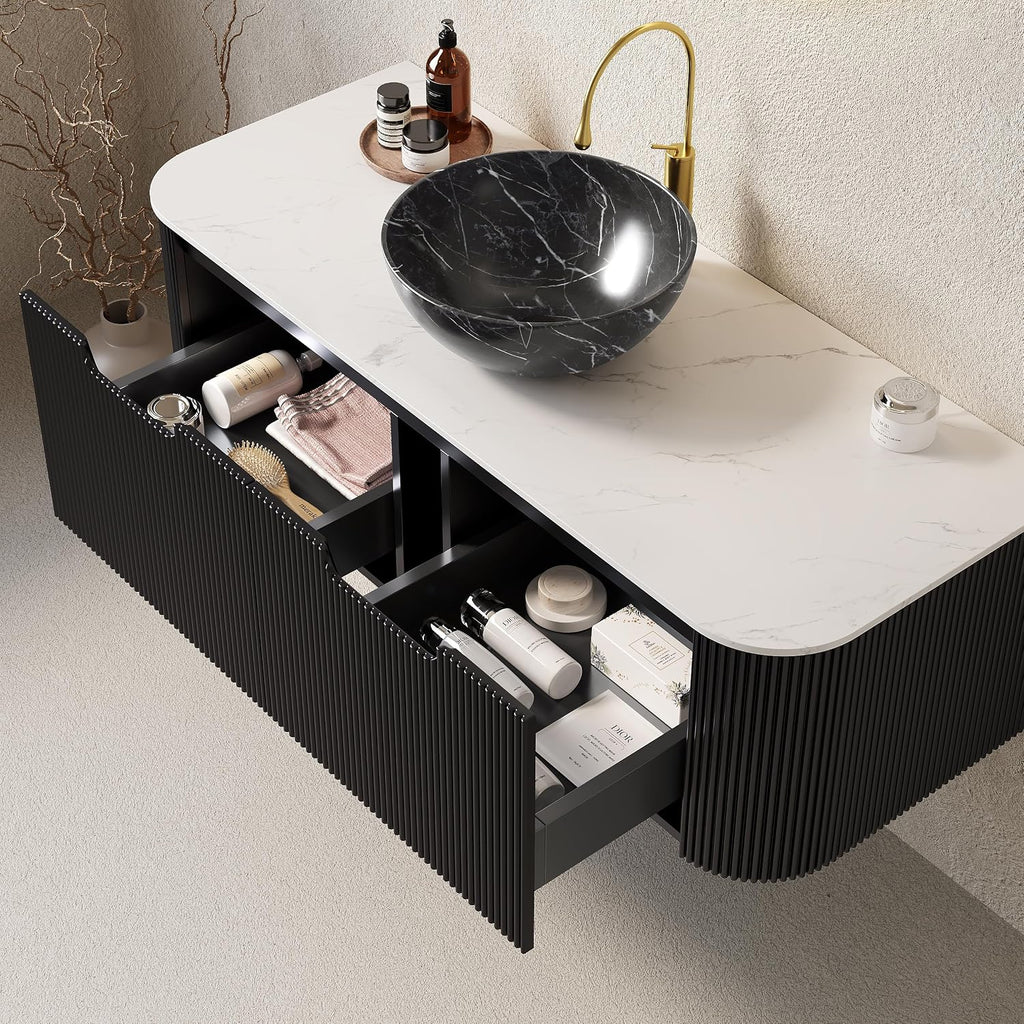 Yayzy 48' Floating Bathroom Vanity with Sink, Solid Wood Fluted Cabinet, White Marble-Patterned Ceramic Basin & Faux Marble Top, Soft-Close Drawer, Pre-Assembled, Gloss Black