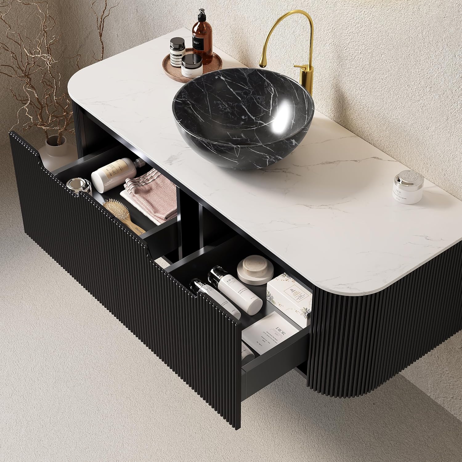 Yayzy 48' Floating Bathroom Vanity with Sink, Solid Wood Fluted Cabinet, White Marble-Patterned Ceramic Basin & Faux Marble Top, Soft-Close Drawer, Pre-Assembled, Gloss Black