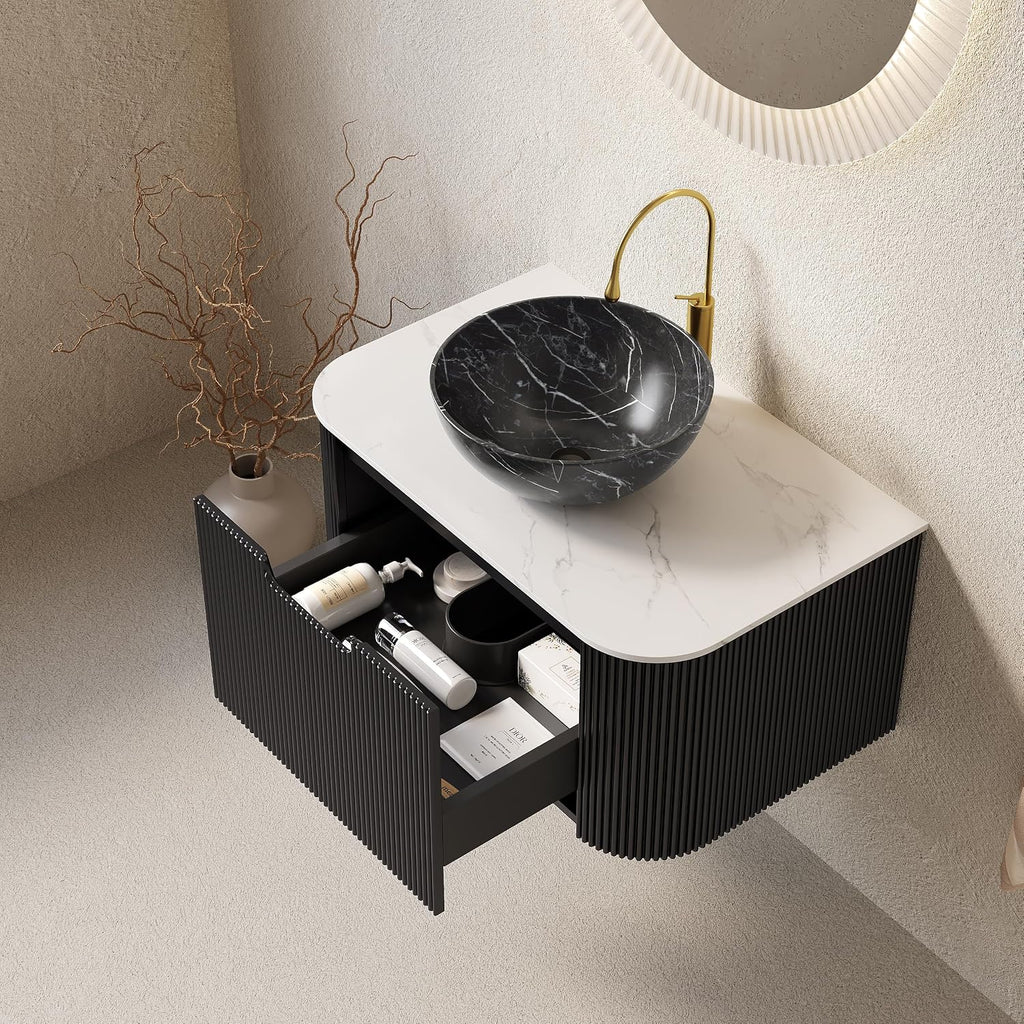 Yayzy 30' Floating Bathroom Vanity with Sink, Solid Wood Fluted Cabinet, White Marble-Patterned Ceramic Basin & Faux Marble Top, Soft-Close Drawer, Pre-Assembled, Gloss Black