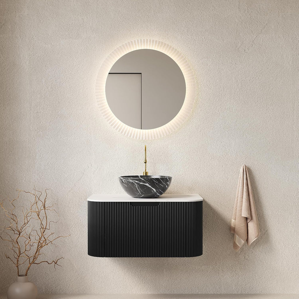 Yayzy 30' Floating Bathroom Vanity with Sink, Solid Wood Fluted Cabinet, White Marble-Patterned Ceramic Basin & Faux Marble Top, Soft-Close Drawer, Pre-Assembled, Gloss Black